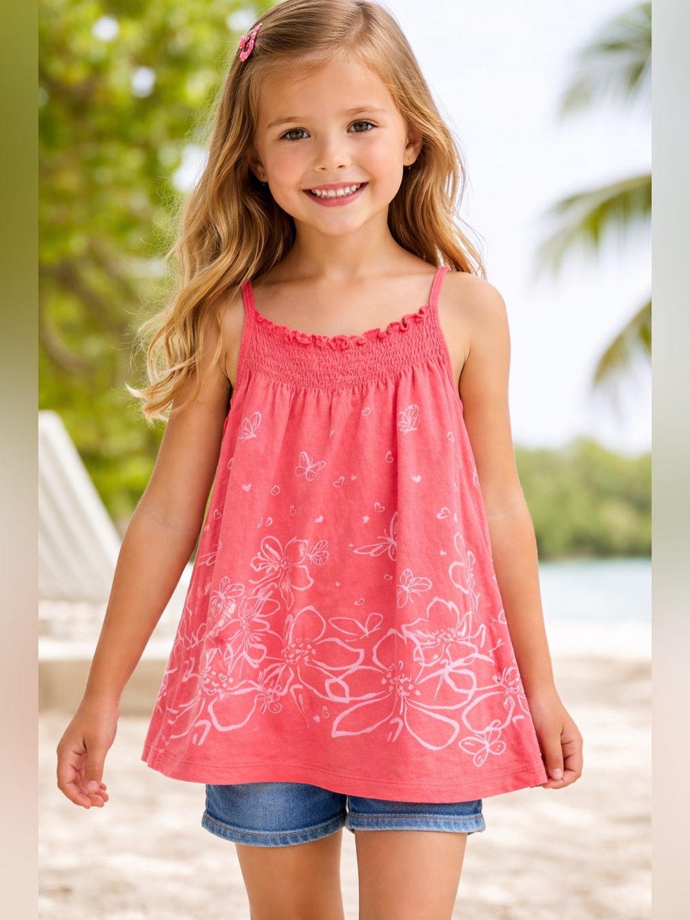 Girls Old Navy Large 10-12 Coral Floral Butterfly Summer Tank Top